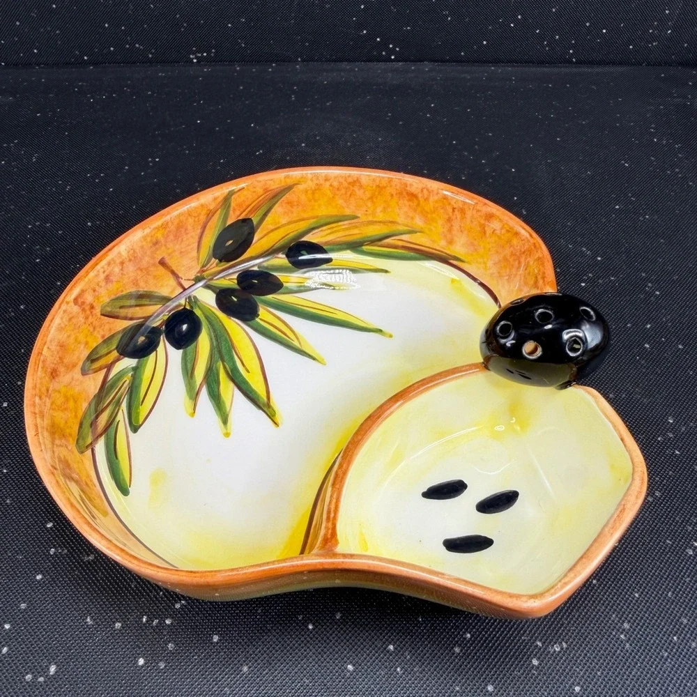 Hand Painted Ceramic Olive Serving Dish Mediterranean Signed 6in Orange Yellow